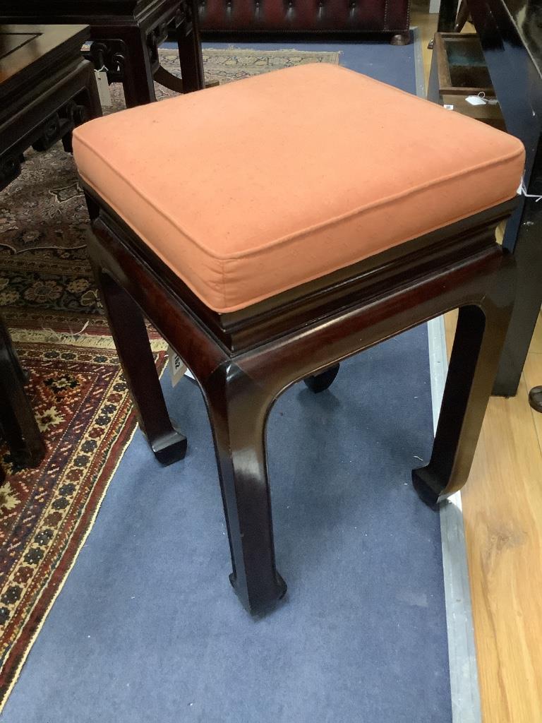 A 20th century Chinese hardwood stool with cushion seat, width 36cm depth 36cm height 57cm